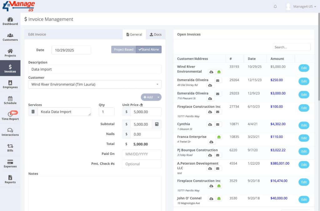 Edit Invoice screen showing Paid On date field, Pmt. Check #s field, and Docs tab