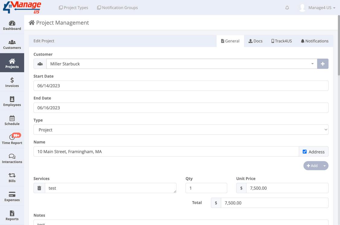 The Edit Project form showing Type set to Project, with Customer Miller Starbuck, Start/End dates, Name with Address checkbox and Services with unit price
