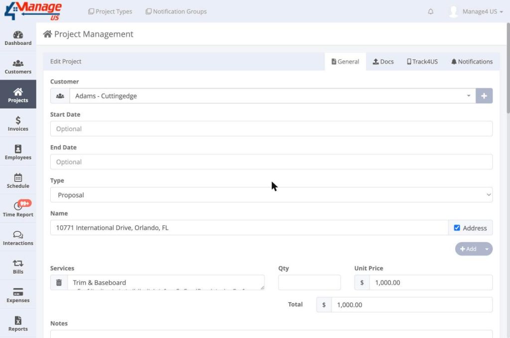 The Edit Project form with Type set to Proposal, showing all required fields including Customer, Type dropdown, Name with Address checkbox, and Services