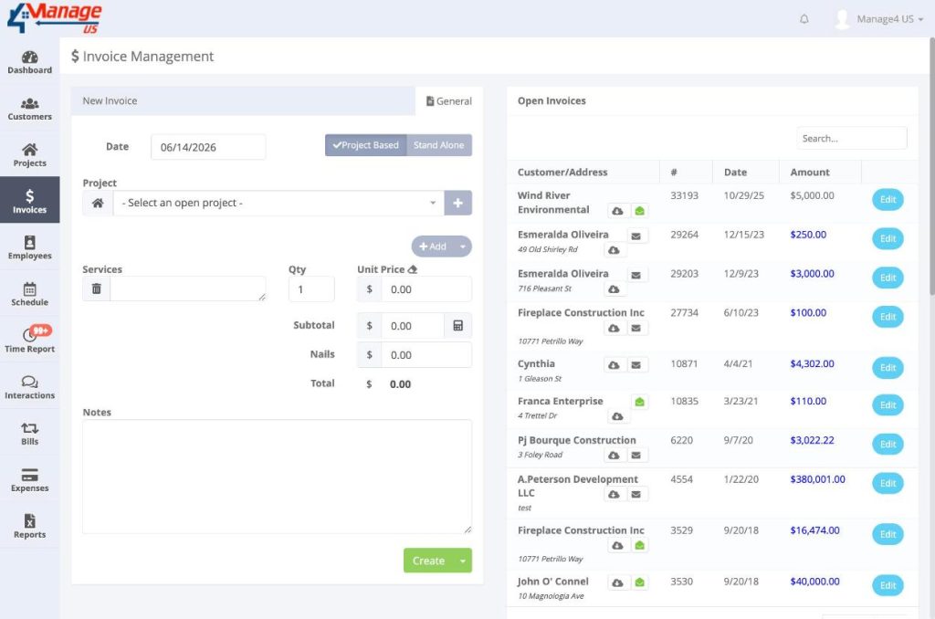 Invoice Management screen showing New Invoice form (Project Based) and Open Invoices list