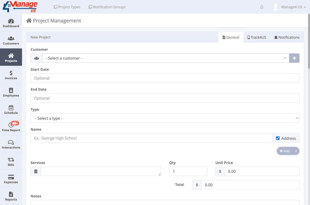 The New Project form showing Customer dropdown, Type selector, Name field with Address checkbox, Services section with Qty and Unit Price fields