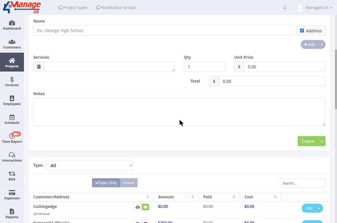 The Projects list showing Type filter dropdown set to All, Open Only/Closed toggle, Search box, and columns Customer/Address Amount Paid Cost with Edit button and dropdown showing Interactions