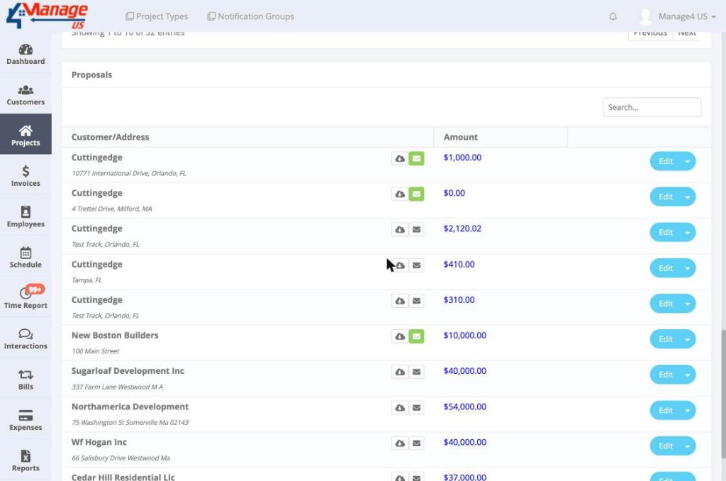 The Proposals list showing Customer/Address and Amount columns with Download PDF and Email icons and Edit button per row