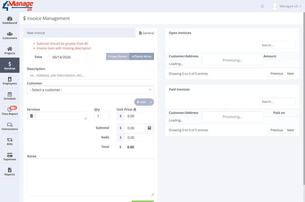 Stand Alone invoice form showing Description, Customer, and validation errors